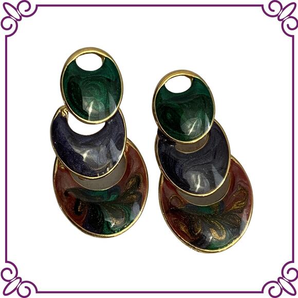 unknown Jewelry - Vintage 1980s 1990s Goldtone & Enamel Pierced Earrings